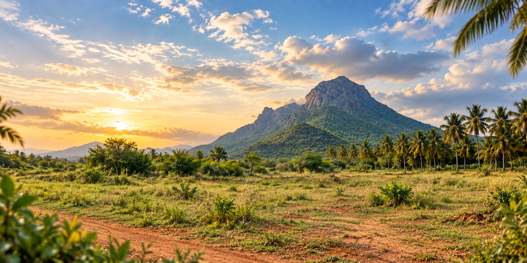 Open land, coconut trees and mountain landscape in Pollachi